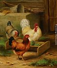 Edgar Hunt Canvas Paintings - Poultry Feeding in a Barn